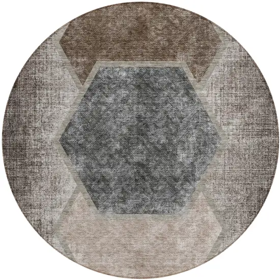 8' Chocolate And Taupe Round Geometric Washable Indoor Outdoor Area Rug Photo 2