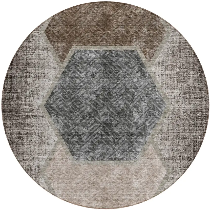 8' Chocolate And Taupe Round Geometric Washable Indoor Outdoor Area Rug Photo 2