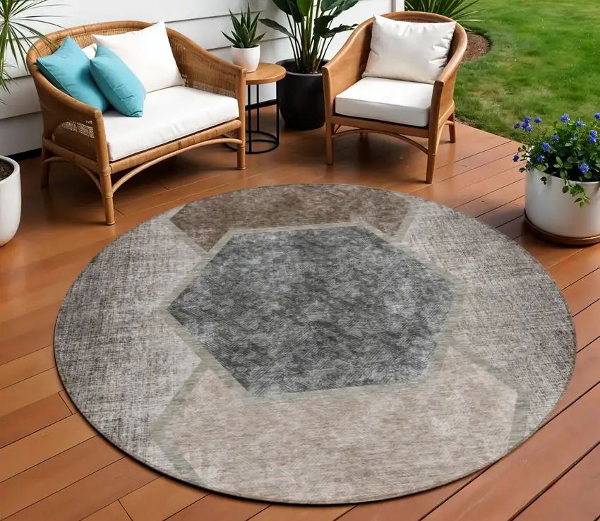 8' Chocolate And Taupe Round Geometric Washable Indoor Outdoor Area Rug Photo 1