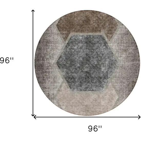 8' Chocolate And Taupe Round Geometric Washable Indoor Outdoor Area Rug Photo 7