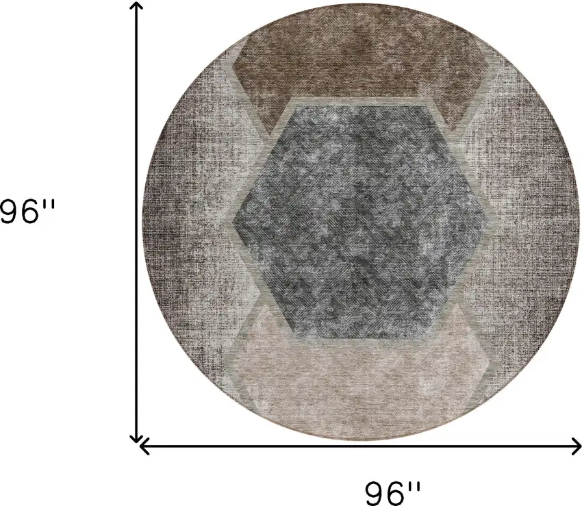 8' Chocolate And Taupe Round Geometric Washable Indoor Outdoor Area Rug Photo 7