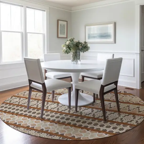 8' Chocolate And Taupe Round Quatrefoil Washable Indoor Outdoor Area Rug Photo 8