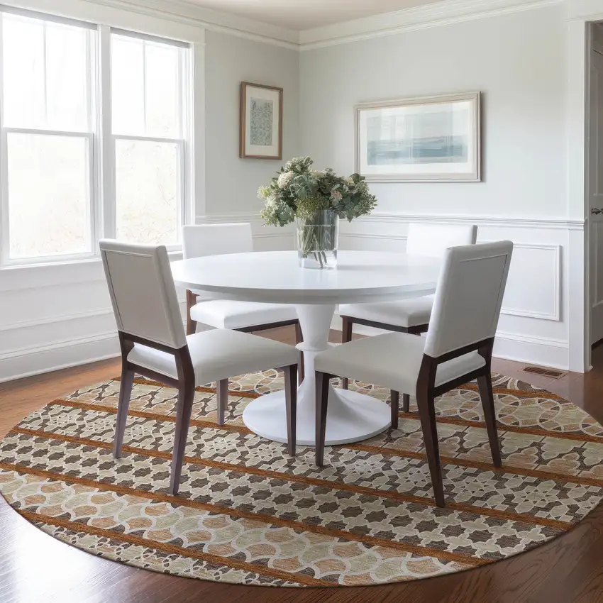 8' Chocolate And Taupe Round Quatrefoil Washable Indoor Outdoor Area Rug Photo 8