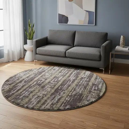 8' Chocolate And Taupe Striped Washable Round Rug With UV Protection Photo 2