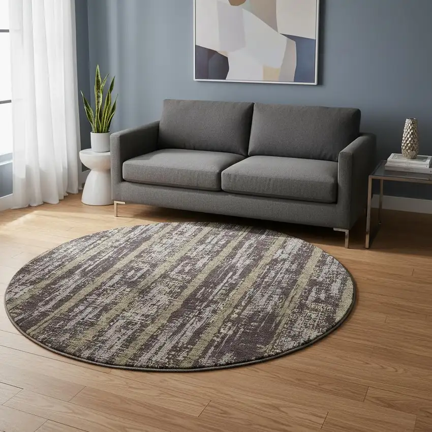 8' Chocolate And Taupe Striped Washable Round Rug With UV Protection Photo 2