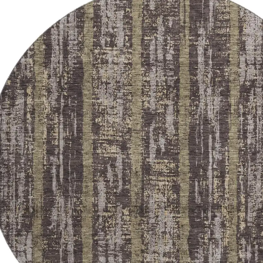 8' Chocolate And Taupe Striped Washable Round Rug With UV Protection Photo 3