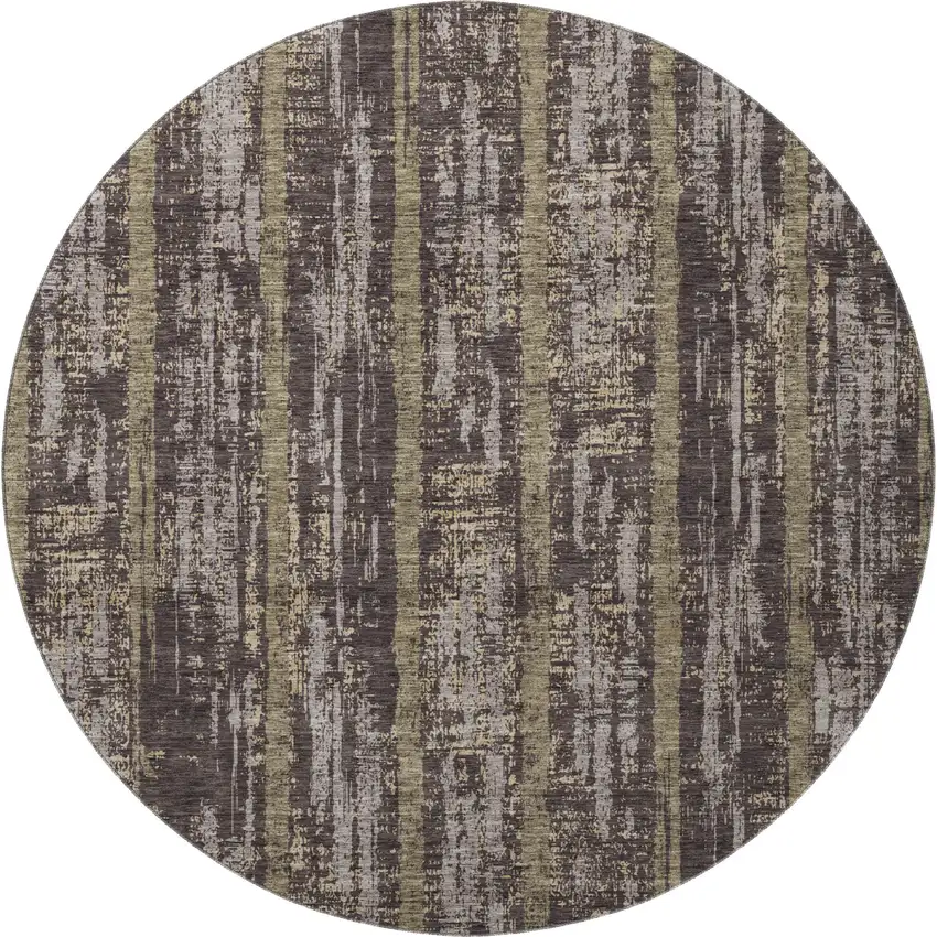 8' Chocolate And Taupe Striped Washable Round Rug With UV Protection Photo 4