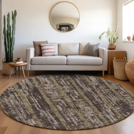 8' Chocolate And Taupe Striped Washable Round Rug With UV Protection Photo 5