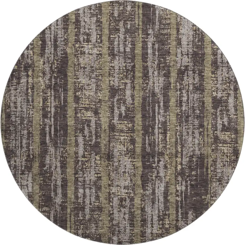 8' Chocolate And Taupe Striped Washable Round Rug With UV Protection Photo 1