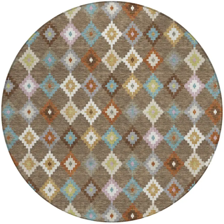 8' Chocolate And Teal Blue Round Aztec Washable Indoor Outdoor Area Rug Photo 2