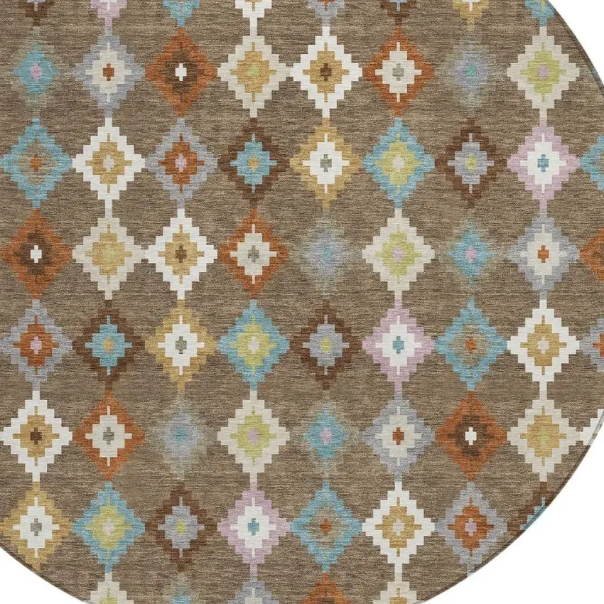 8' Chocolate And Teal Blue Round Aztec Washable Indoor Outdoor Area Rug Photo 3