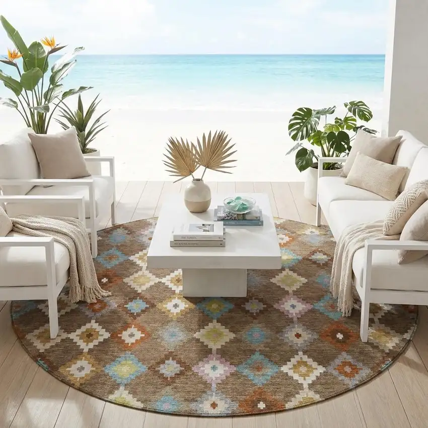8' Chocolate And Teal Blue Round Aztec Washable Indoor Outdoor Area Rug Photo 1