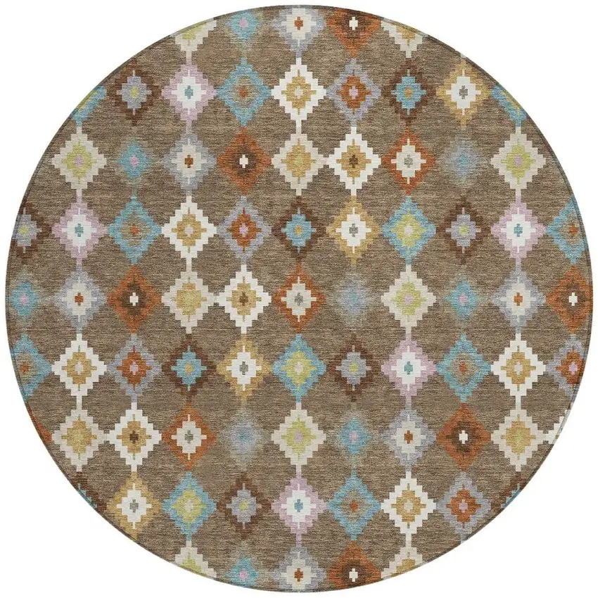 8' Chocolate And Teal Blue Round Aztec Washable Indoor Outdoor Area Rug Photo 4