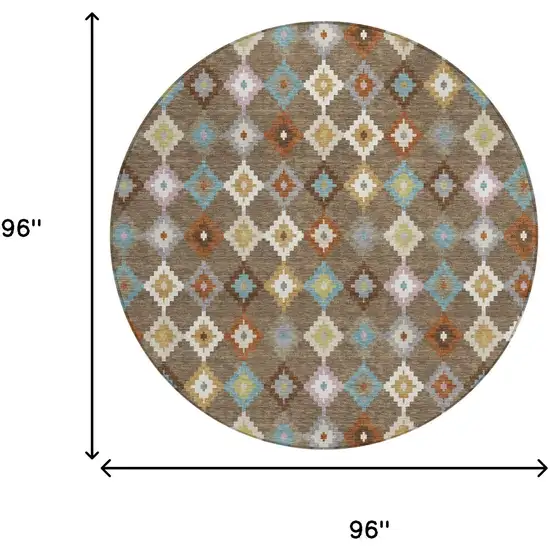 8' Chocolate And Teal Blue Round Aztec Washable Indoor Outdoor Area Rug Photo 7
