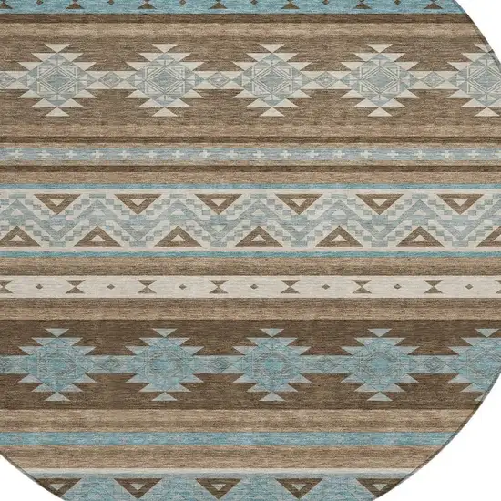 8' Chocolate And Teal Blue Round Southwestern Washable Indoor Outdoor Area Rug Photo 3