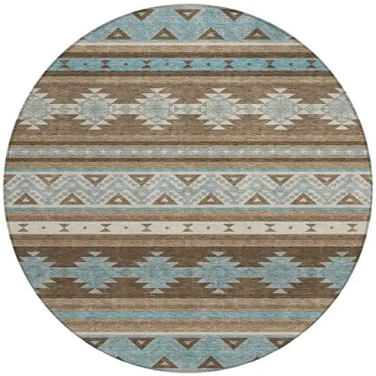 8' Chocolate And Teal Blue Round Southwestern Washable Indoor Outdoor Area Rug Photo 4