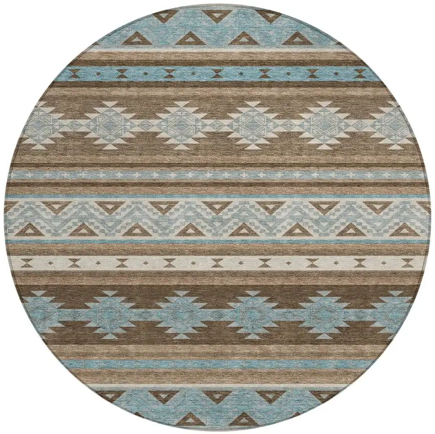 8' Chocolate And Teal Blue Round Southwestern Washable Indoor Outdoor Area Rug Photo 4