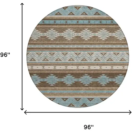 8' Chocolate And Teal Blue Round Southwestern Washable Indoor Outdoor Area Rug Photo 7