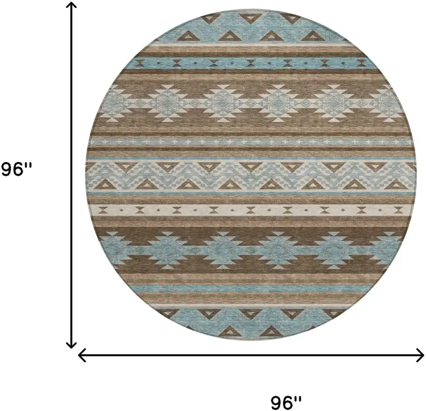8' Chocolate And Teal Blue Round Southwestern Washable Indoor Outdoor Area Rug Photo 7