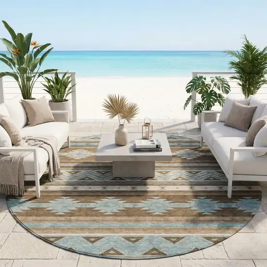 8' Chocolate And Teal Blue Round Southwestern Washable Indoor Outdoor Area Rug Photo 1