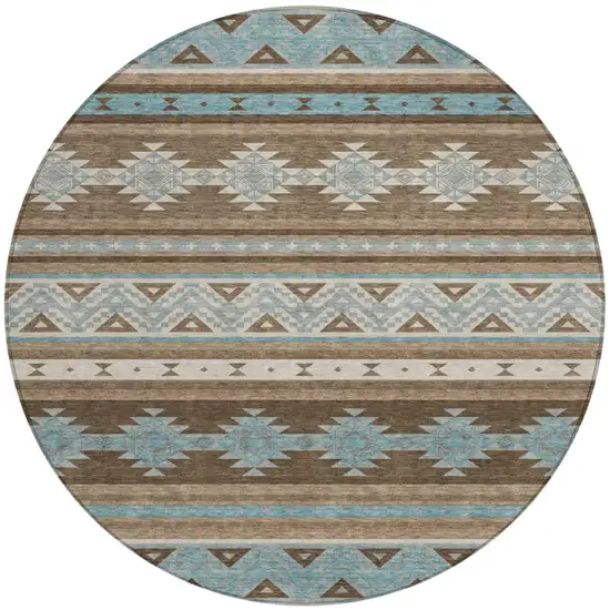 8' Chocolate And Teal Blue Round Southwestern Washable Indoor Outdoor Area Rug Photo 2