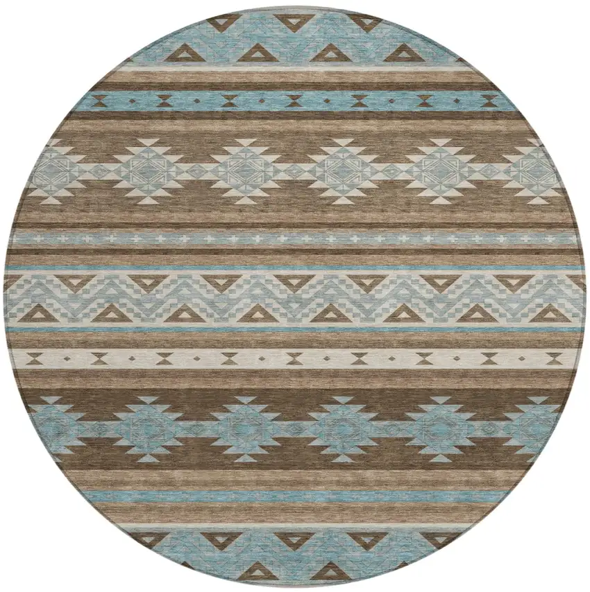 8' Chocolate And Teal Blue Round Southwestern Washable Indoor Outdoor Area Rug Photo 2