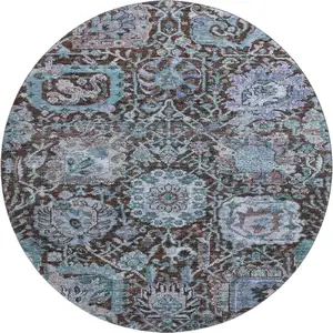 Photo of 8' Chocolate And Teal Damask Washable Round Rug With UV Protection