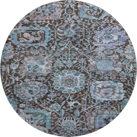 8' Chocolate And Teal Damask Washable Round Rug With UV Protection Photo 1