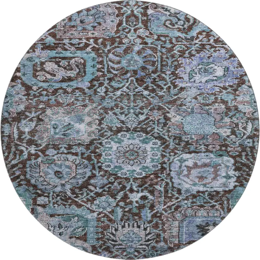 8' Chocolate And Teal Damask Washable Round Rug With UV Protection Photo 1