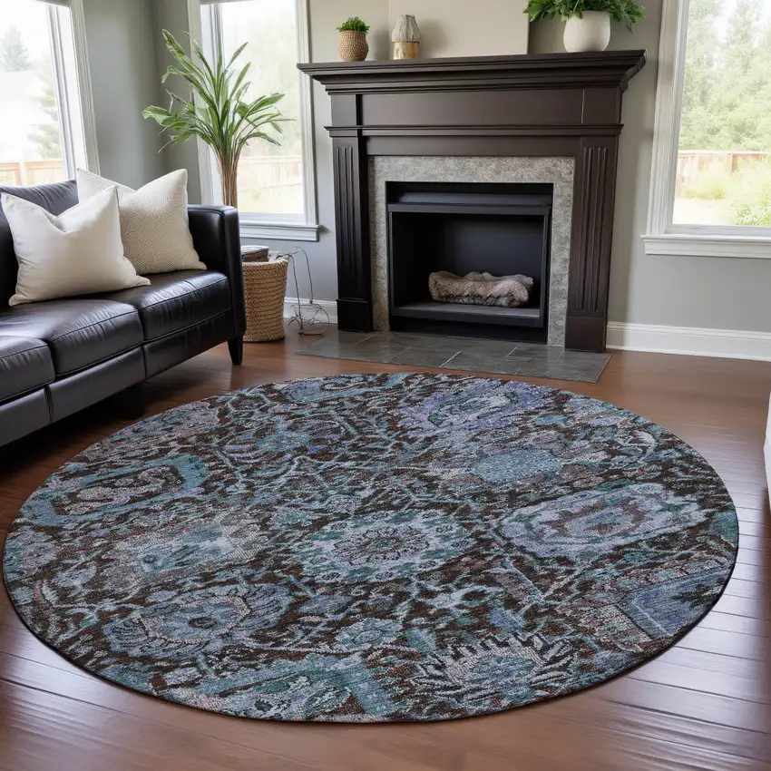 8' Chocolate And Teal Damask Washable Round Rug With UV Protection Photo 4