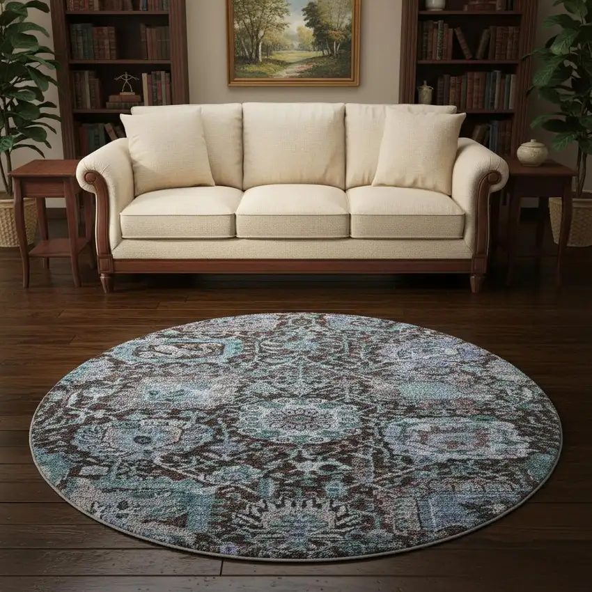 8' Chocolate And Teal Damask Washable Round Rug With UV Protection Photo 2