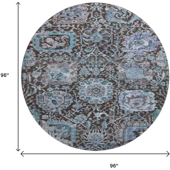 8' Chocolate And Teal Damask Washable Round Rug With UV Protection Photo 9