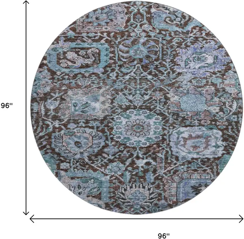 8' Chocolate And Teal Damask Washable Round Rug With UV Protection Photo 9