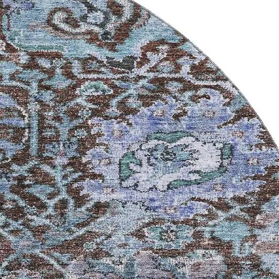 8' Chocolate And Teal Damask Washable Round Rug With UV Protection Photo 2