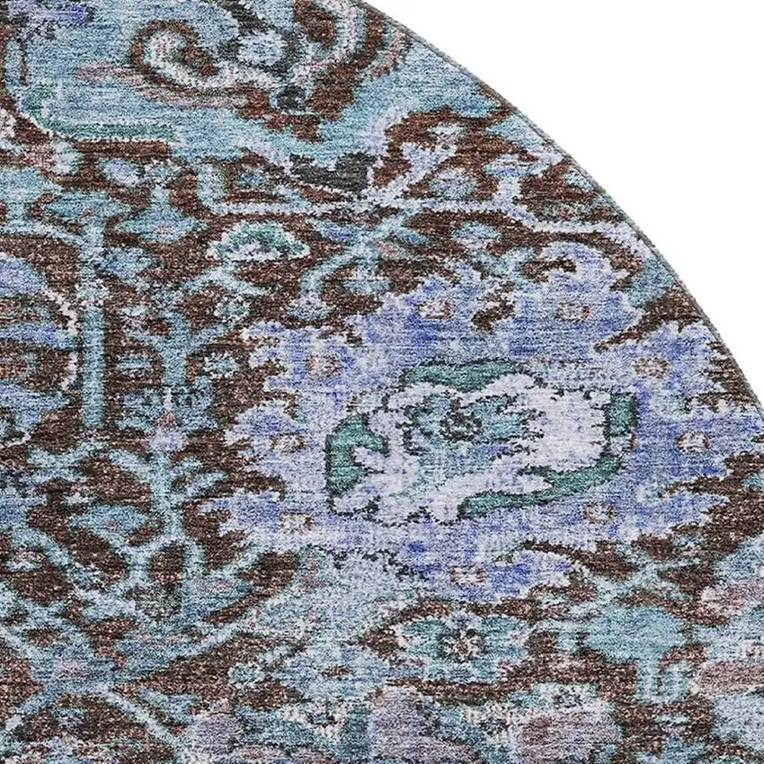 8' Chocolate And Teal Damask Washable Round Rug With UV Protection Photo 2