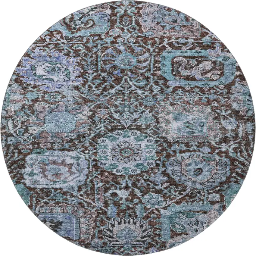 8' Chocolate And Teal Damask Washable Round Rug With UV Protection Photo 3