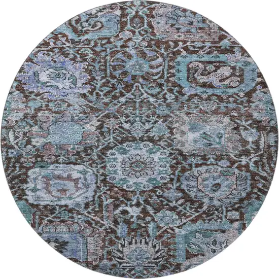 8' Chocolate And Teal Damask Washable Round Rug With UV Protection Photo 3
