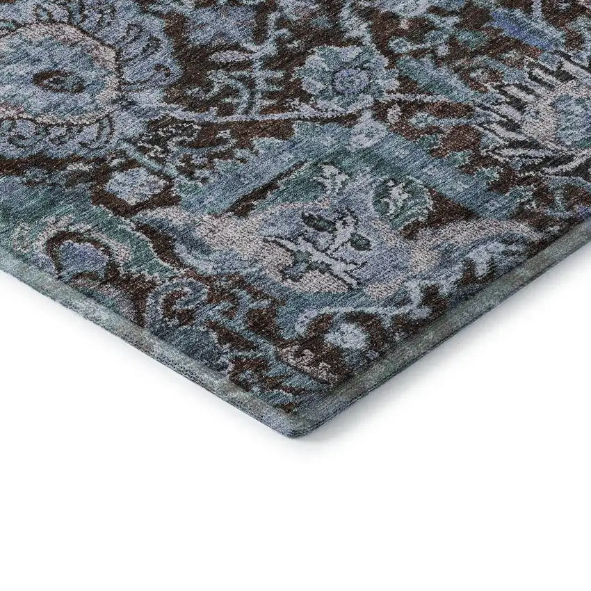 8' Chocolate And Teal Damask Washable Round Rug With UV Protection Photo 6