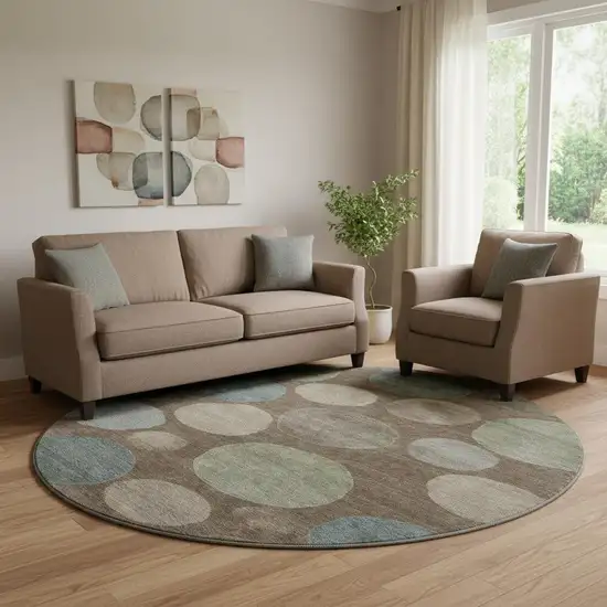 8' Chocolate And Teal Geometric Washable Round Rug With UV Protection Photo 2