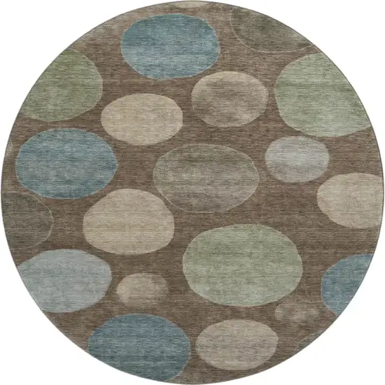 8' Chocolate And Teal Geometric Washable Round Rug With UV Protection Photo 1