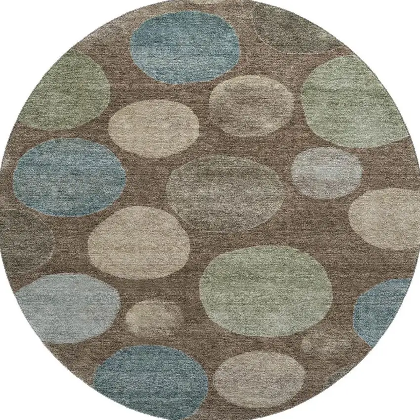 8' Chocolate And Teal Geometric Washable Round Rug With UV Protection Photo 3