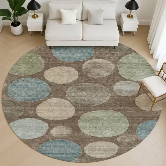 8' Chocolate And Teal Geometric Washable Round Rug With UV Protection Photo 5