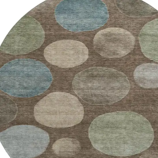 8' Chocolate And Teal Geometric Washable Round Rug With UV Protection Photo 6