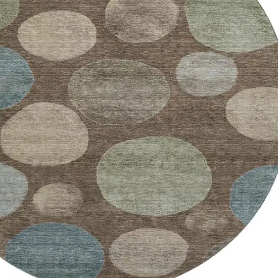 8' Chocolate And Teal Geometric Washable Round Rug With UV Protection Photo 4