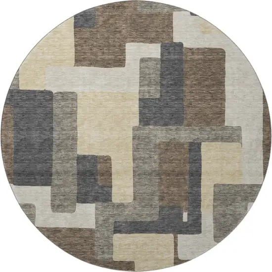 8' Chocolate Beige And Black Abstract Geometric Washable Round Rug With UV Protection Photo 3