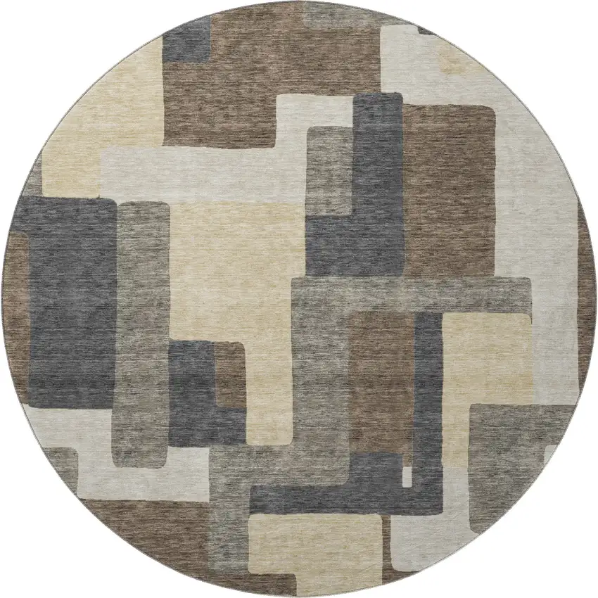 8' Chocolate Beige And Black Abstract Geometric Washable Round Rug With UV Protection Photo 3