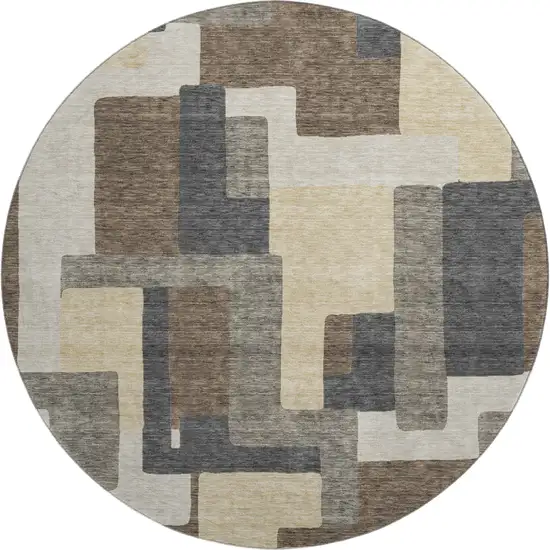 8' Chocolate Beige And Black Abstract Geometric Washable Round Rug With UV Protection Photo 1