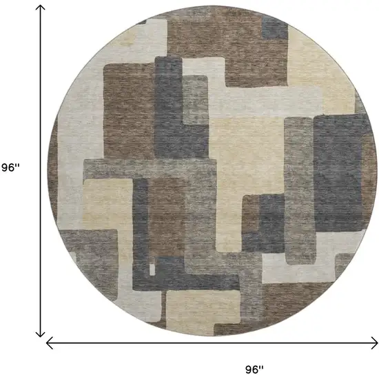 8' Chocolate Beige And Black Abstract Geometric Washable Round Rug With UV Protection Photo 9