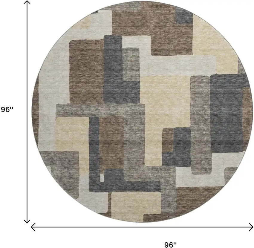 8' Chocolate Beige And Black Abstract Geometric Washable Round Rug With UV Protection Photo 9