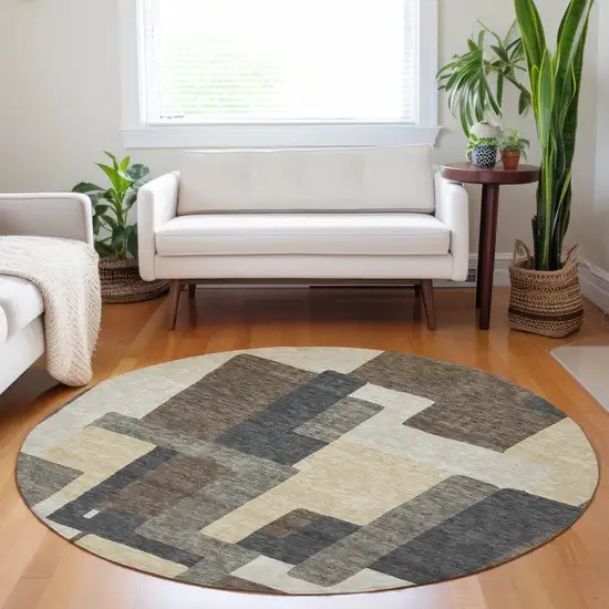 8' Chocolate Beige And Black Abstract Geometric Washable Round Rug With UV Protection Photo 4